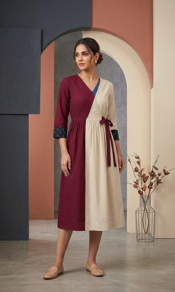Multicolor Flex Cotton Wrap Dress for Women | Hand Work One Piece Ethnic Fusion Wear