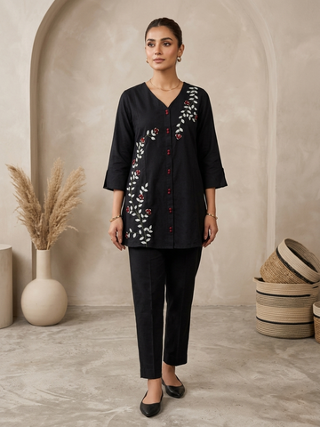 Black Slub Cotton Embroidered Co-ord Set for Women | Elegant Cord Set