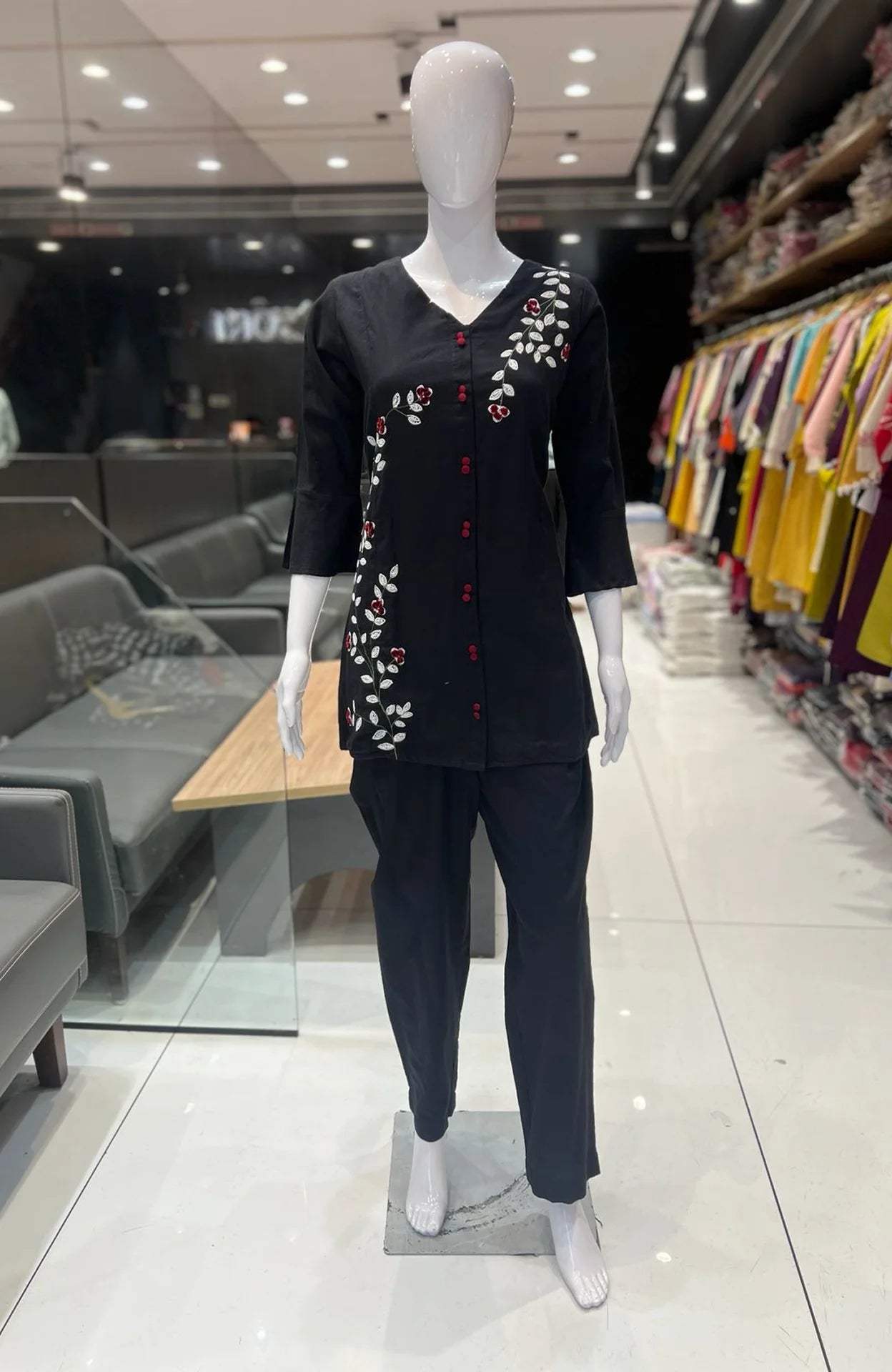 Black Slub Cotton Embroidered Co-ord Set for Women | Elegant Cord Set