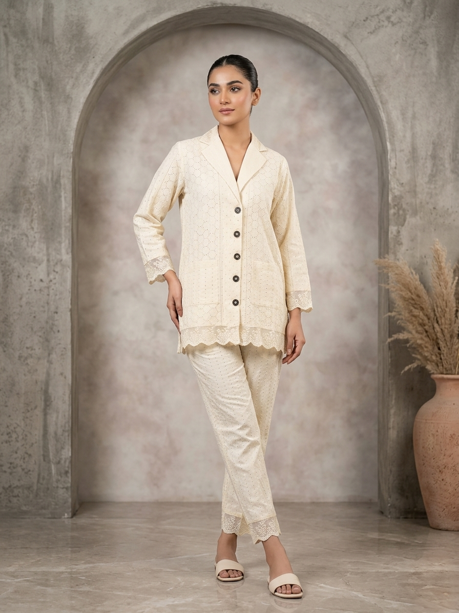 Cream Cambric Cotton Schiffli Co-ord Set for Women | Straight Cut Cord Set