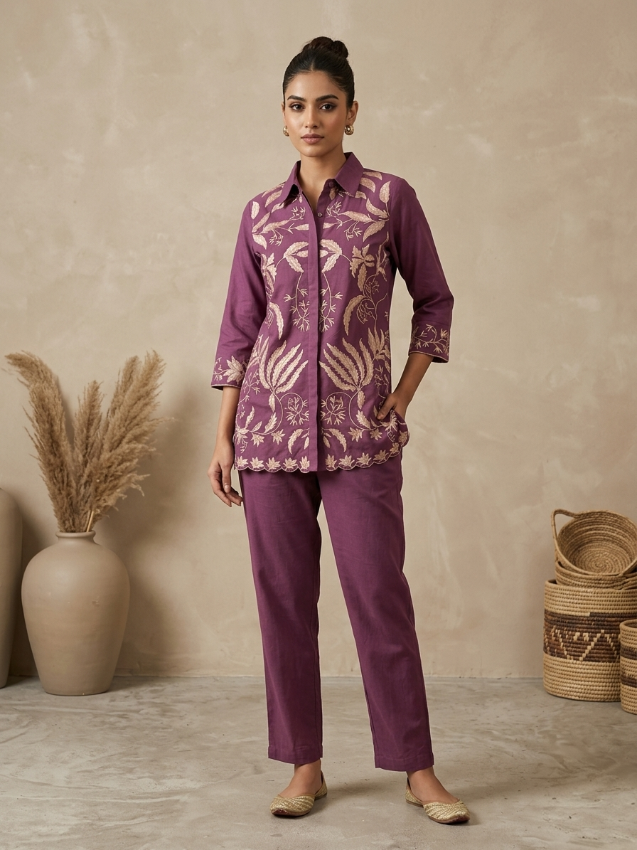 Pinkish Purple Slub Cotton Embroidered Cord Set for Women | Stylish Co-ord Set