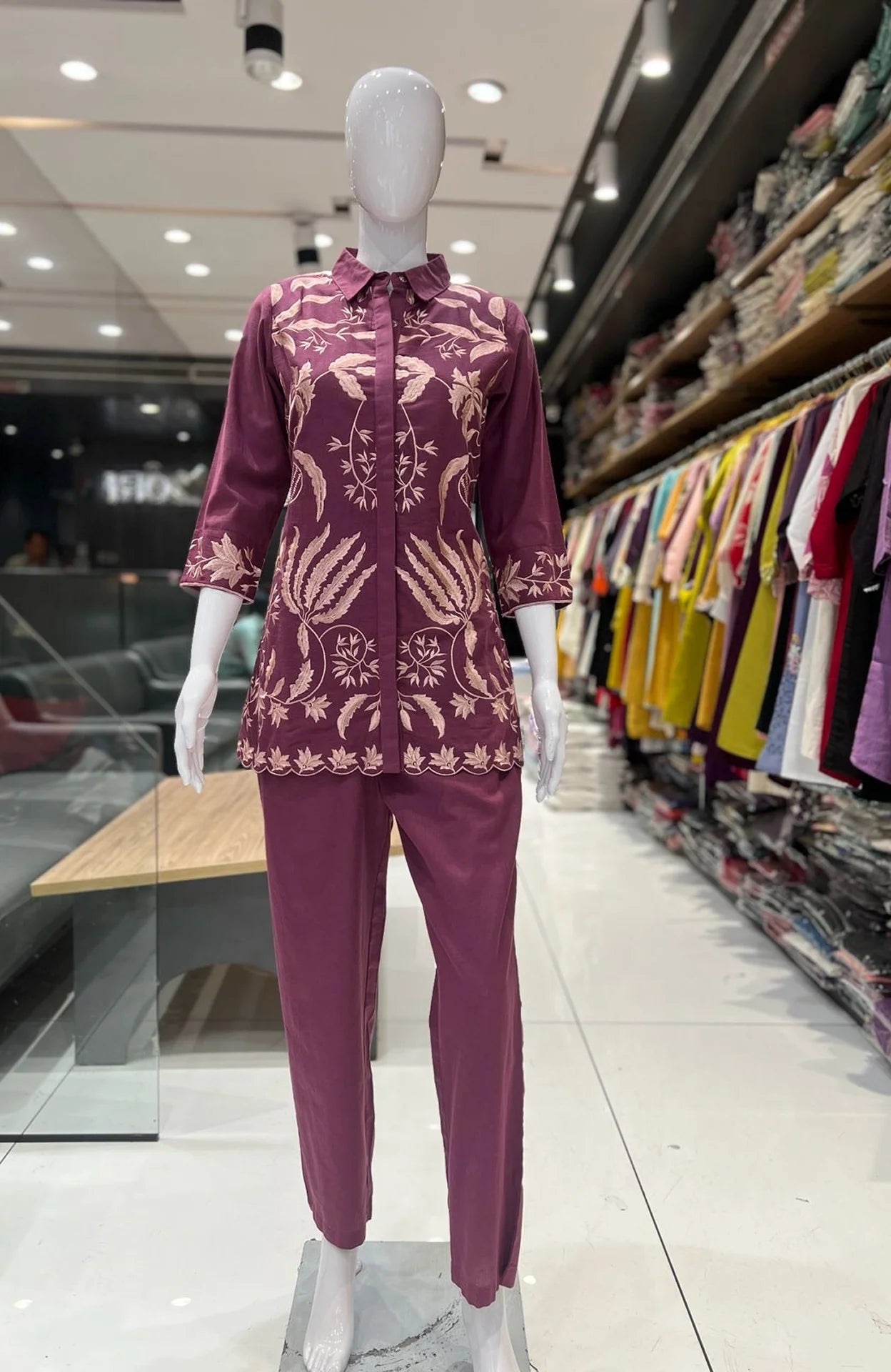Pinkish Purple Slub Cotton Embroidered Cord Set for Women | Stylish Co-ord Set