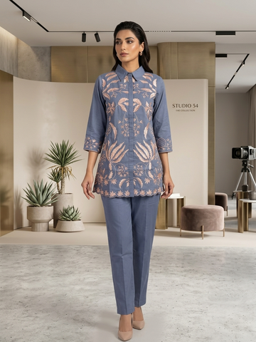 Blue Slub Cotton Embroidered Cord Set for Women | Stylish Co-ord Set for Daily & Office Wear