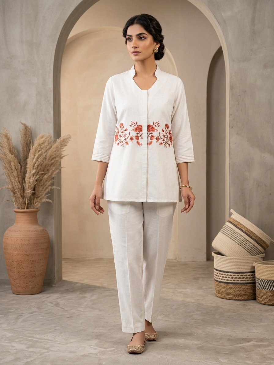 White Slub Cotton Embroidered Co-ord Set for Women | Premium Cord Set