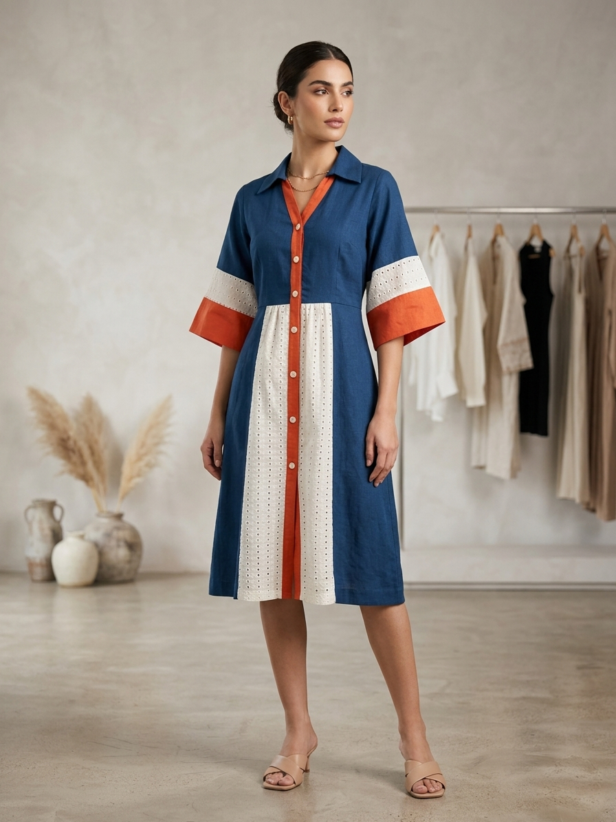 Multicolor Slub Cotton Schiffli One Piece Dress for Women | Dyed Casual Wear Dress