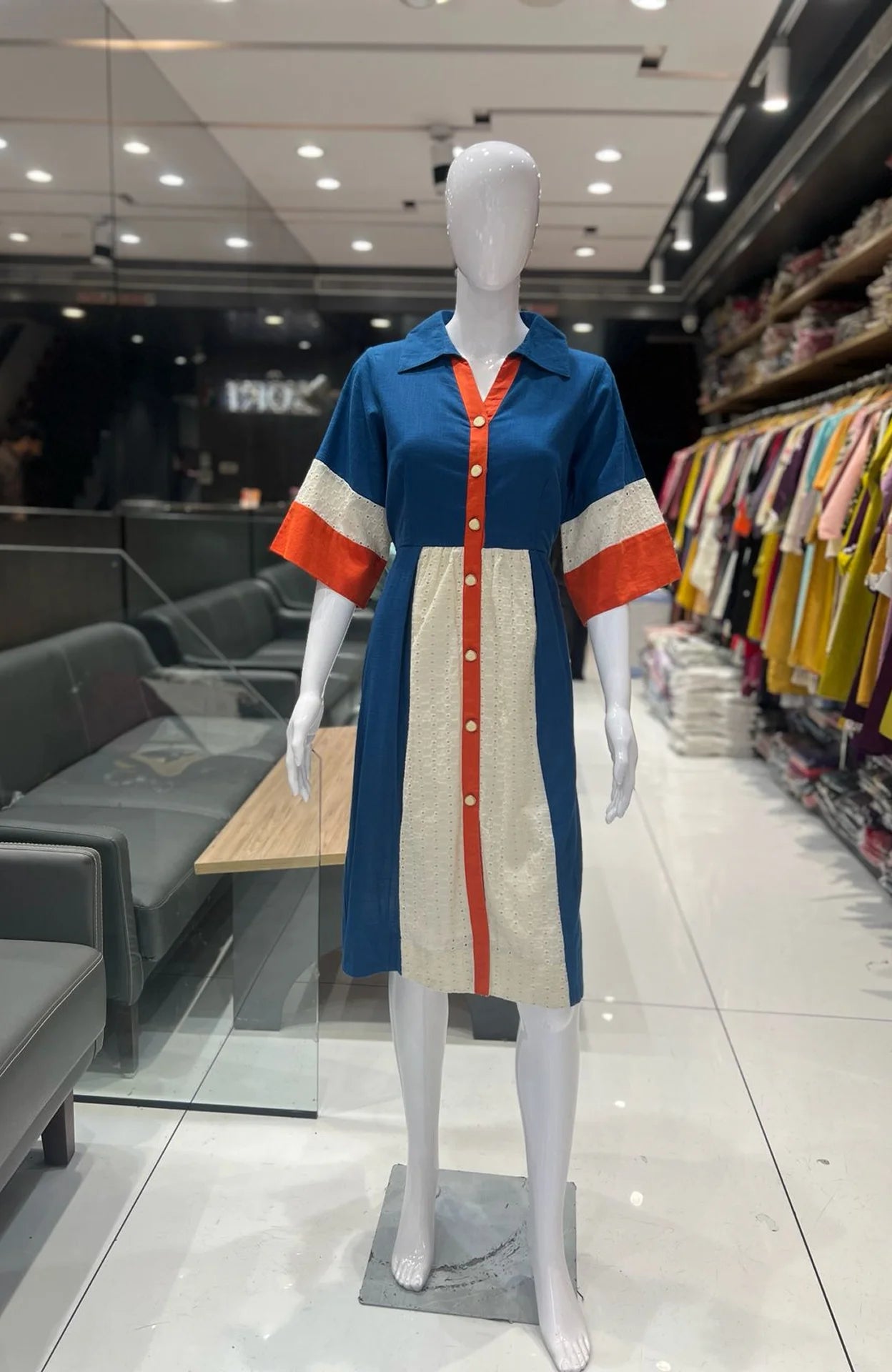 Multicolor Slub Cotton Schiffli One Piece Dress for Women | Dyed Casual Wear Dress