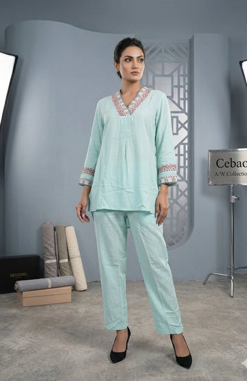Sky Blue Embroidered Rayon Co-Ord Set for Women | Elegant 2 Piece Casual & Office Wear Outfit