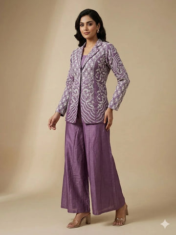 Purple Silk White Embroidery & Sequins 2 Piece Cord Set for Women | Designer Ethnic Wear