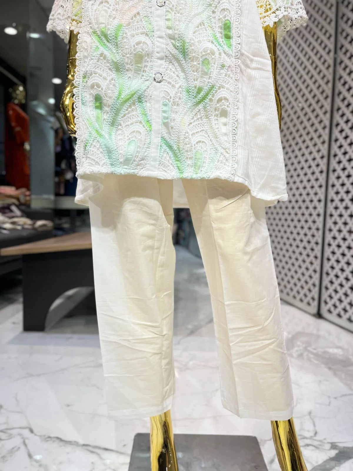 White Green Cotton Peach Work Two Piece Co-ord Set for Women | Designer Ethnic Wear