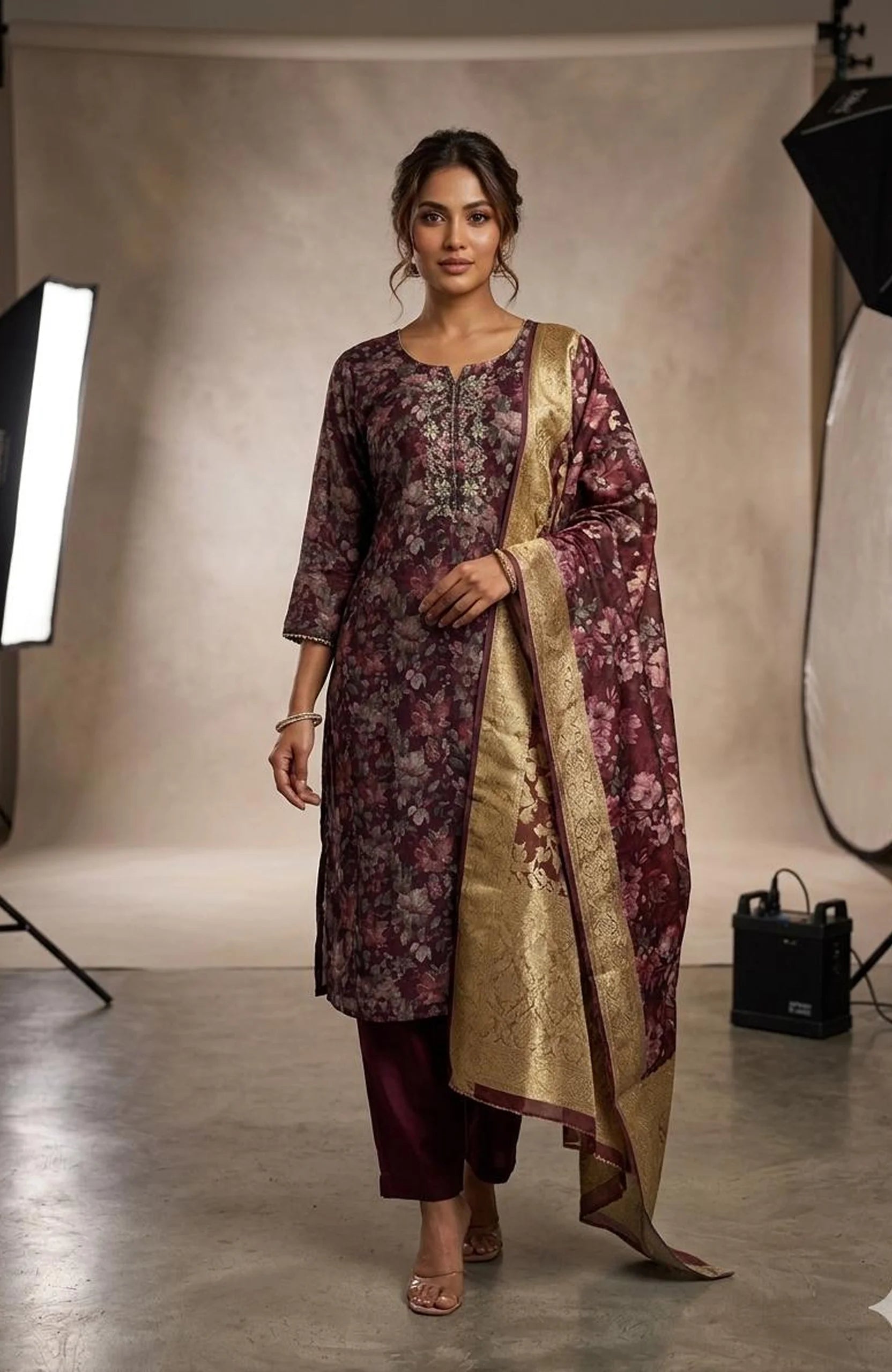 Maroon Chiffon Handwork 3 Piece Kurti Pant Dupatta Set for Women | Designer Ethnic Wear