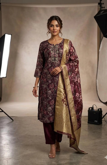Maroon Chiffon Handwork 3 Piece Kurti Pant Dupatta Set for Women | Designer Ethnic Wear