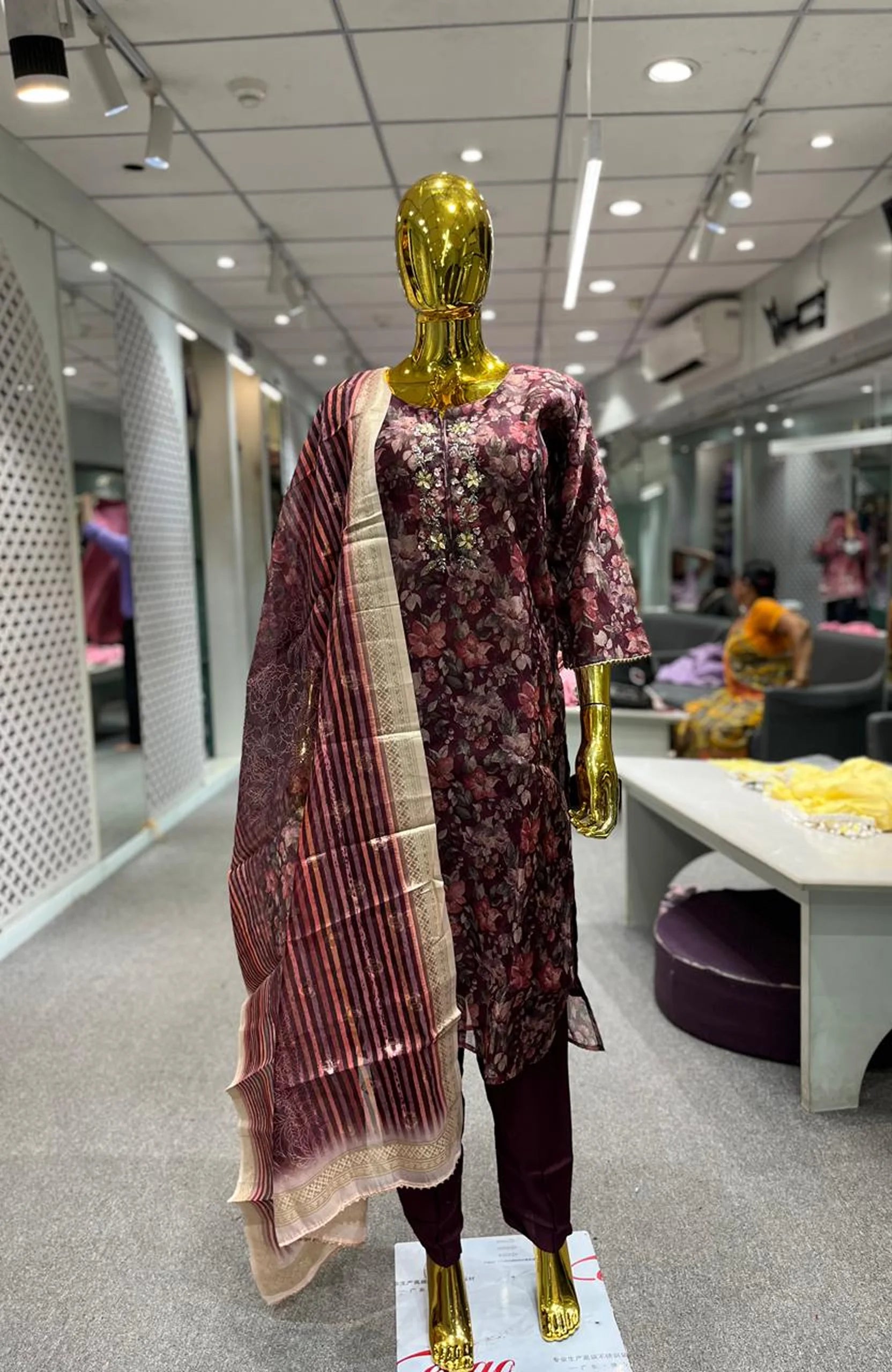 Maroon Chiffon Handwork 3 Piece Kurti Pant Dupatta Set for Women | Designer Ethnic Wear