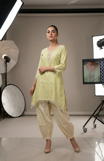 Pista Green Pure Silk Hand & Lace Work Co-Ord Set for Women | Designer 2 Piece Cord Set