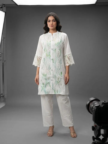 White Green Cotton Peach Work Two Piece Co-ord Set for Women | Designer Ethnic Wear