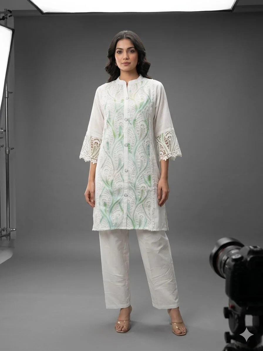 White Green Cotton Peach Work Two Piece Co-ord Set for Women | Designer Ethnic Wear