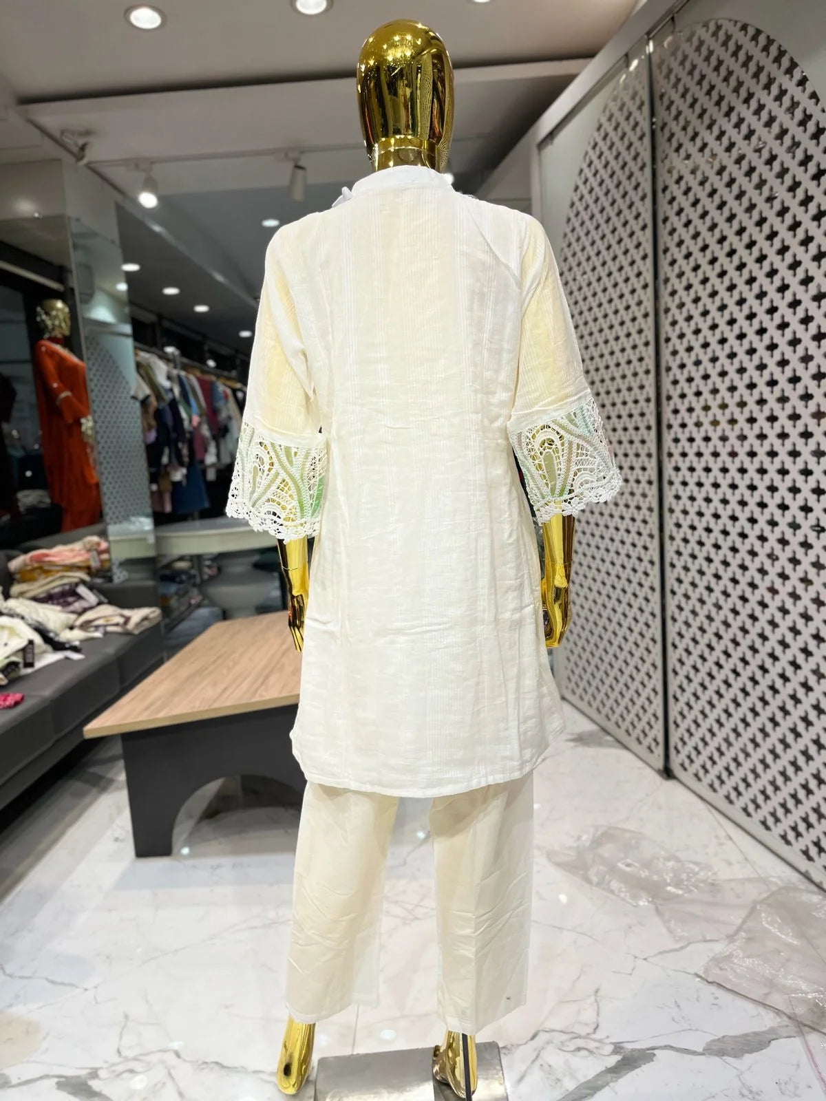 White Green Cotton Peach Work Two Piece Co-ord Set for Women | Designer Ethnic Wear