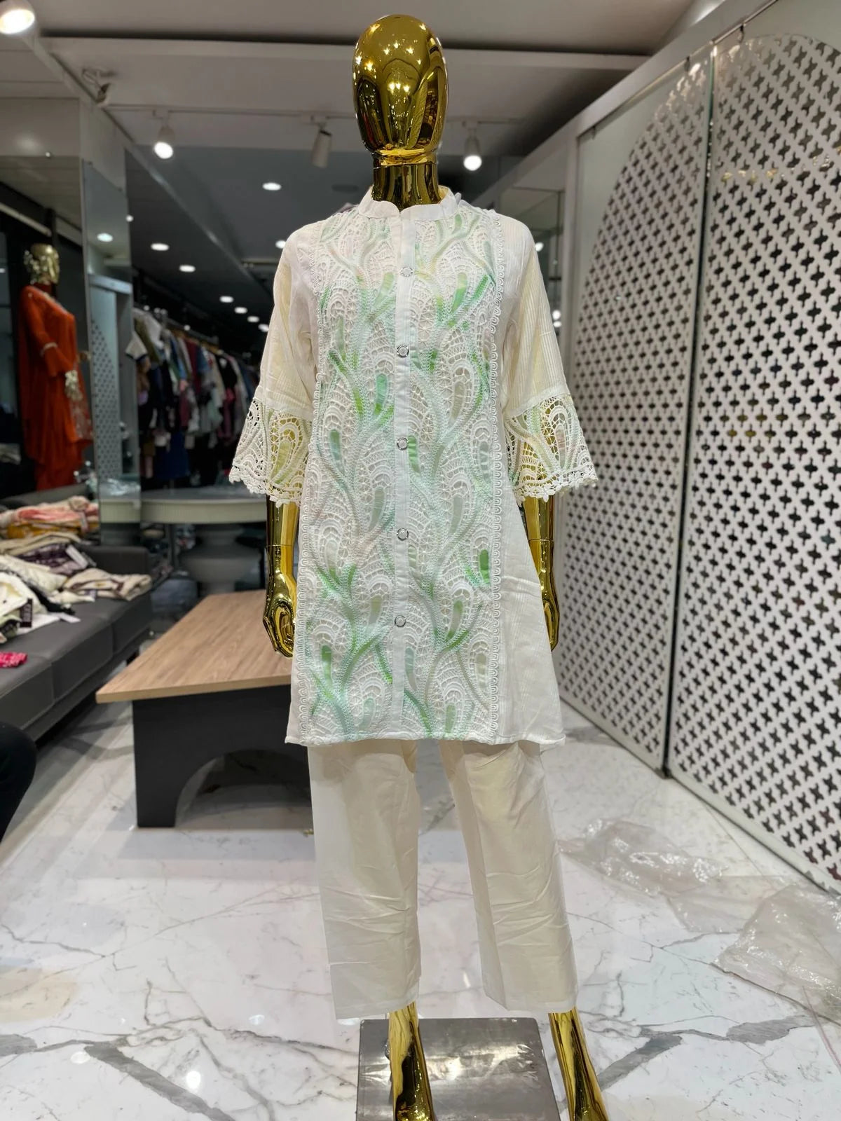 White Green Cotton Peach Work Two Piece Co-ord Set for Women | Designer Ethnic Wear