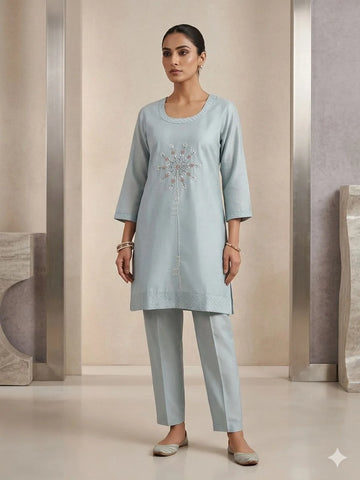 Sky Blue Silk Cotton Handwork 2 Piece Cord Set for Women | Designer Casual Co-Ord Set