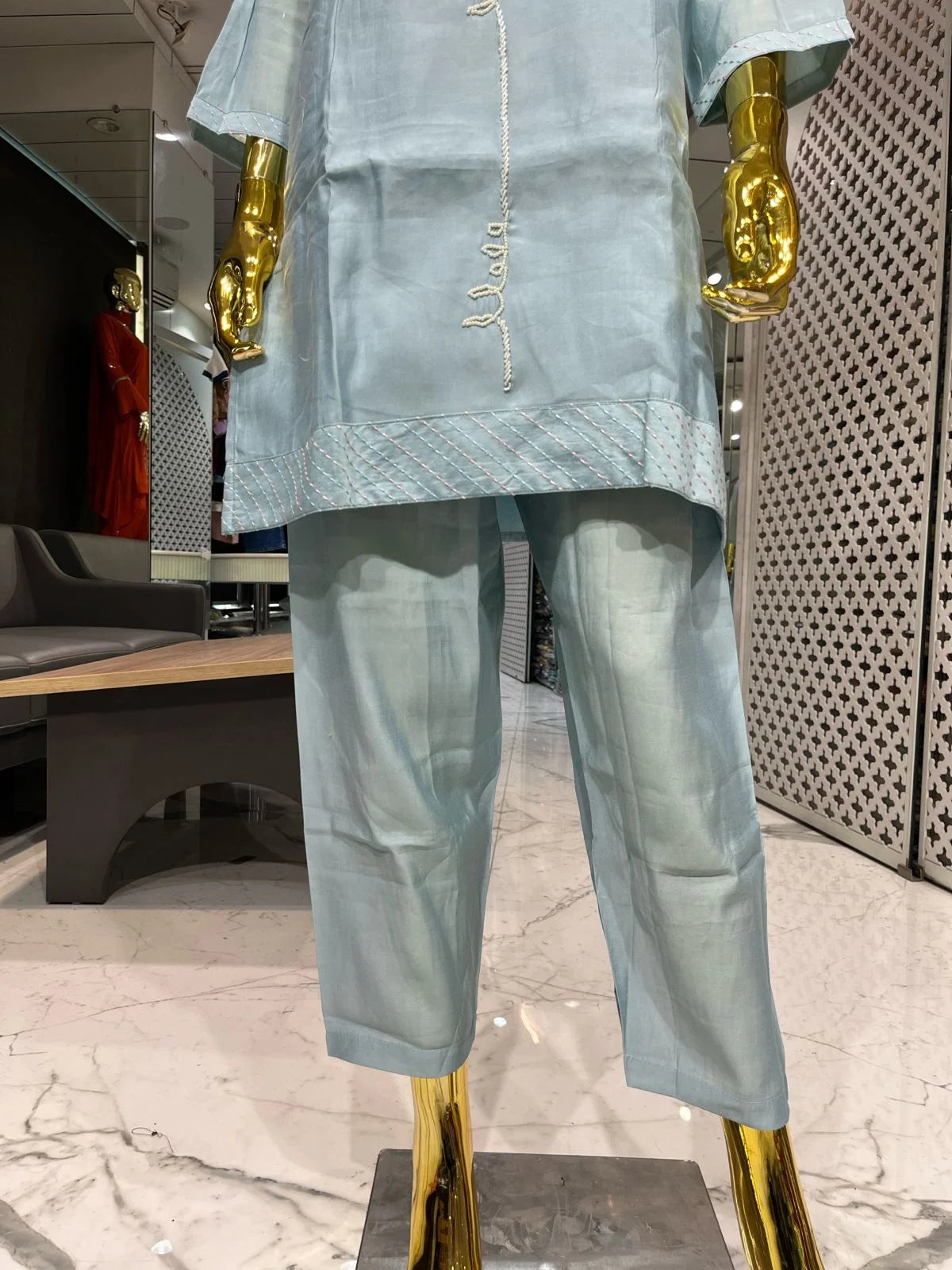 Sky Blue Silk Cotton Handwork 2 Piece Cord Set for Women | Designer Casual Co-Ord Set