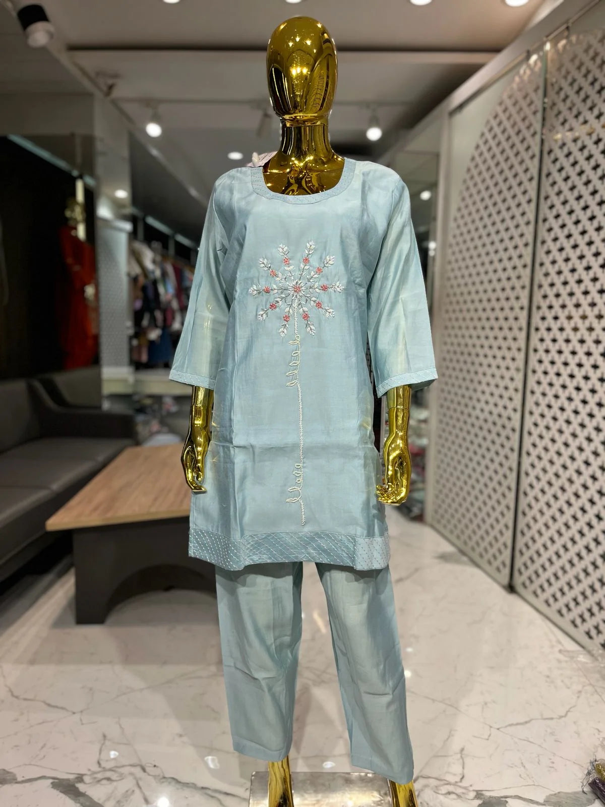 Sky Blue Silk Cotton Handwork 2 Piece Cord Set for Women | Designer Casual Co-Ord Set
