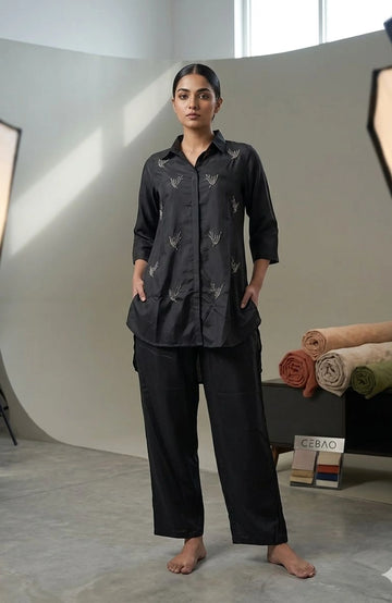 Black Modal Silk Hand Work Co-Ord Set for Women | Premium Designer 2 Piece Cord Set
