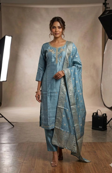 Sky Blue Organza Handwork 3 Piece Kurti Pant Dupatta Set for Women | Designer Ethnic Wear