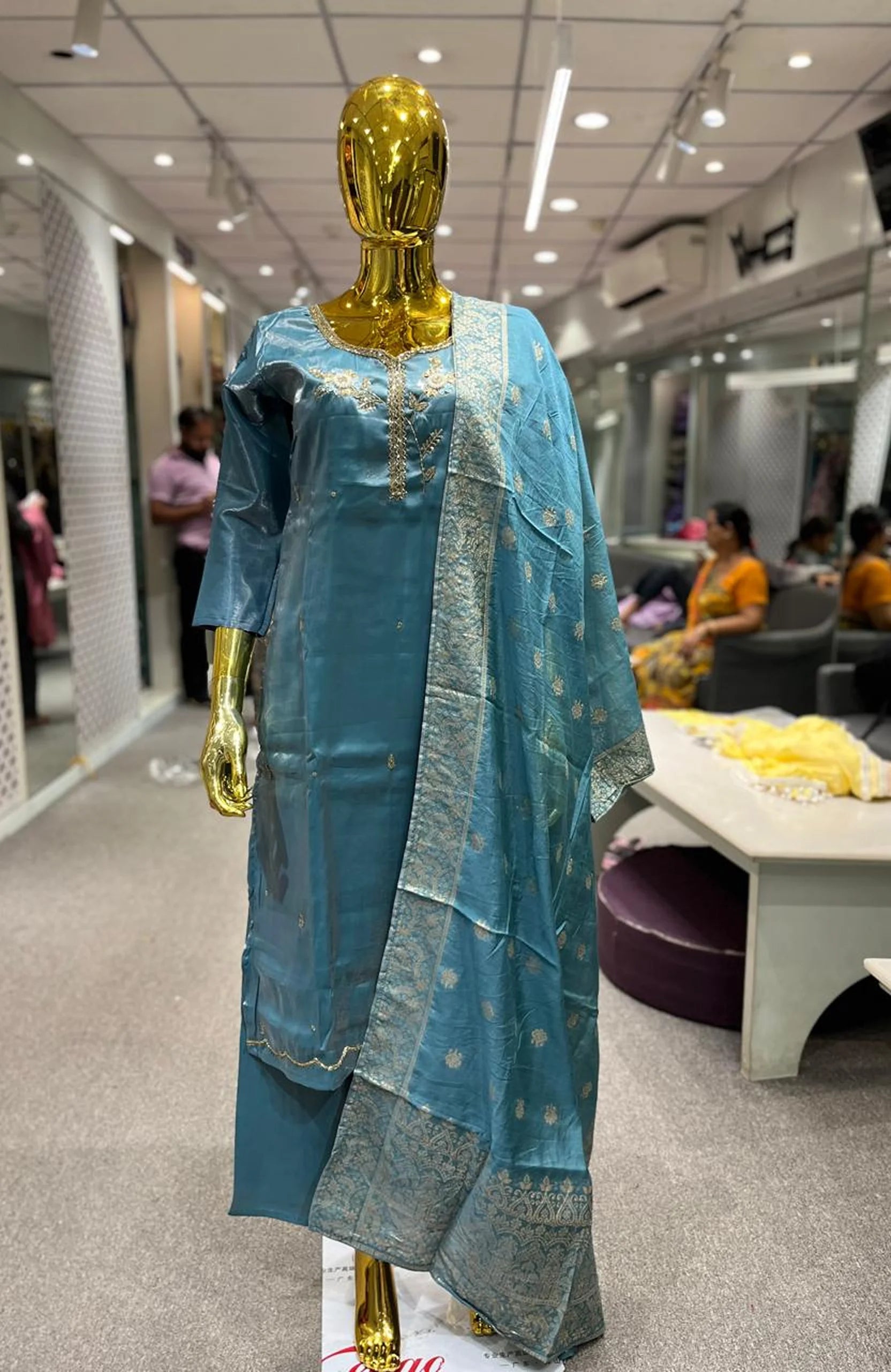 Sky Blue Organza Handwork 3 Piece Kurti Pant Dupatta Set for Women | Designer Ethnic Wear