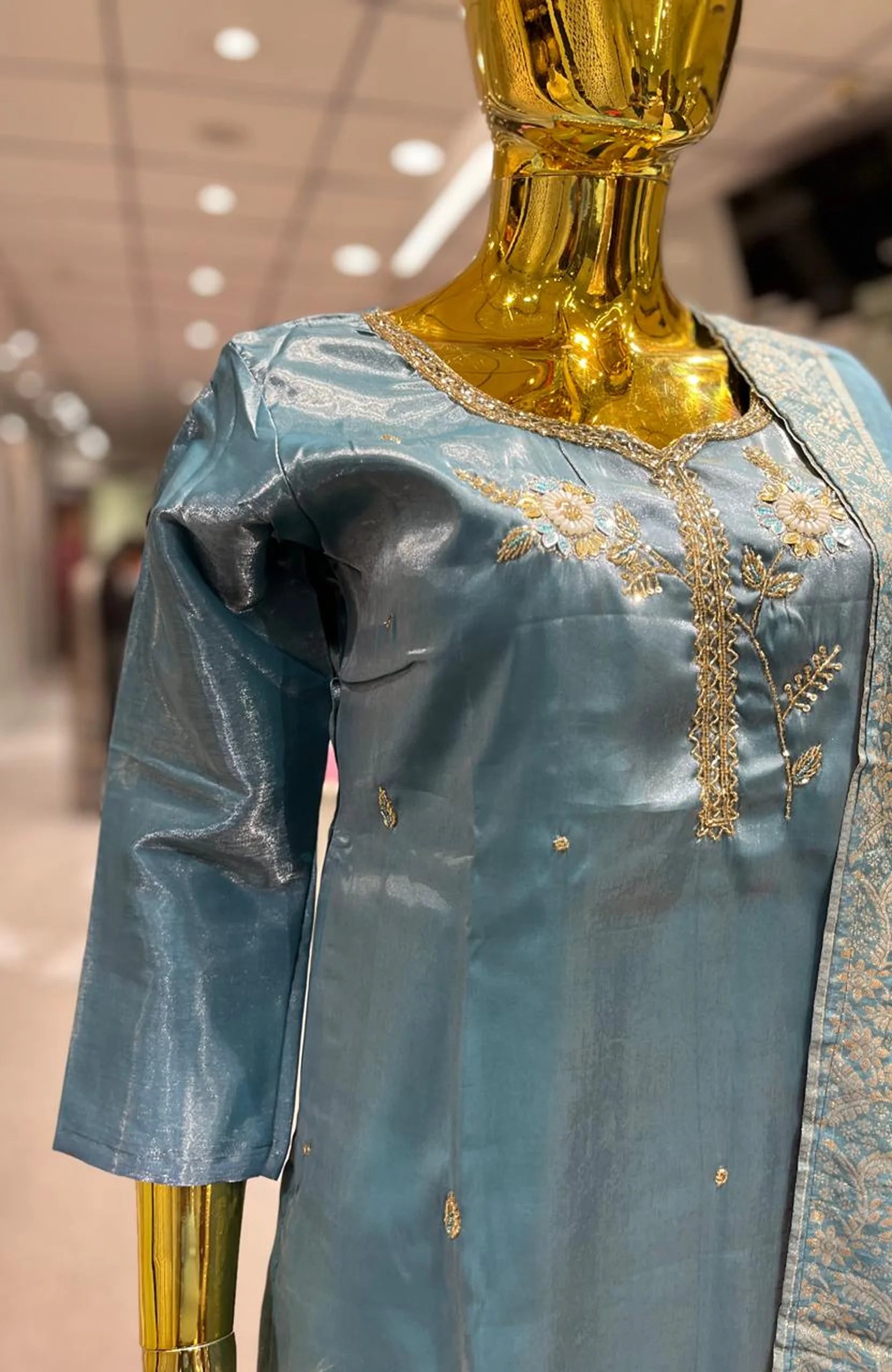 Sky Blue Organza Handwork 3 Piece Kurti Pant Dupatta Set for Women | Designer Ethnic Wear