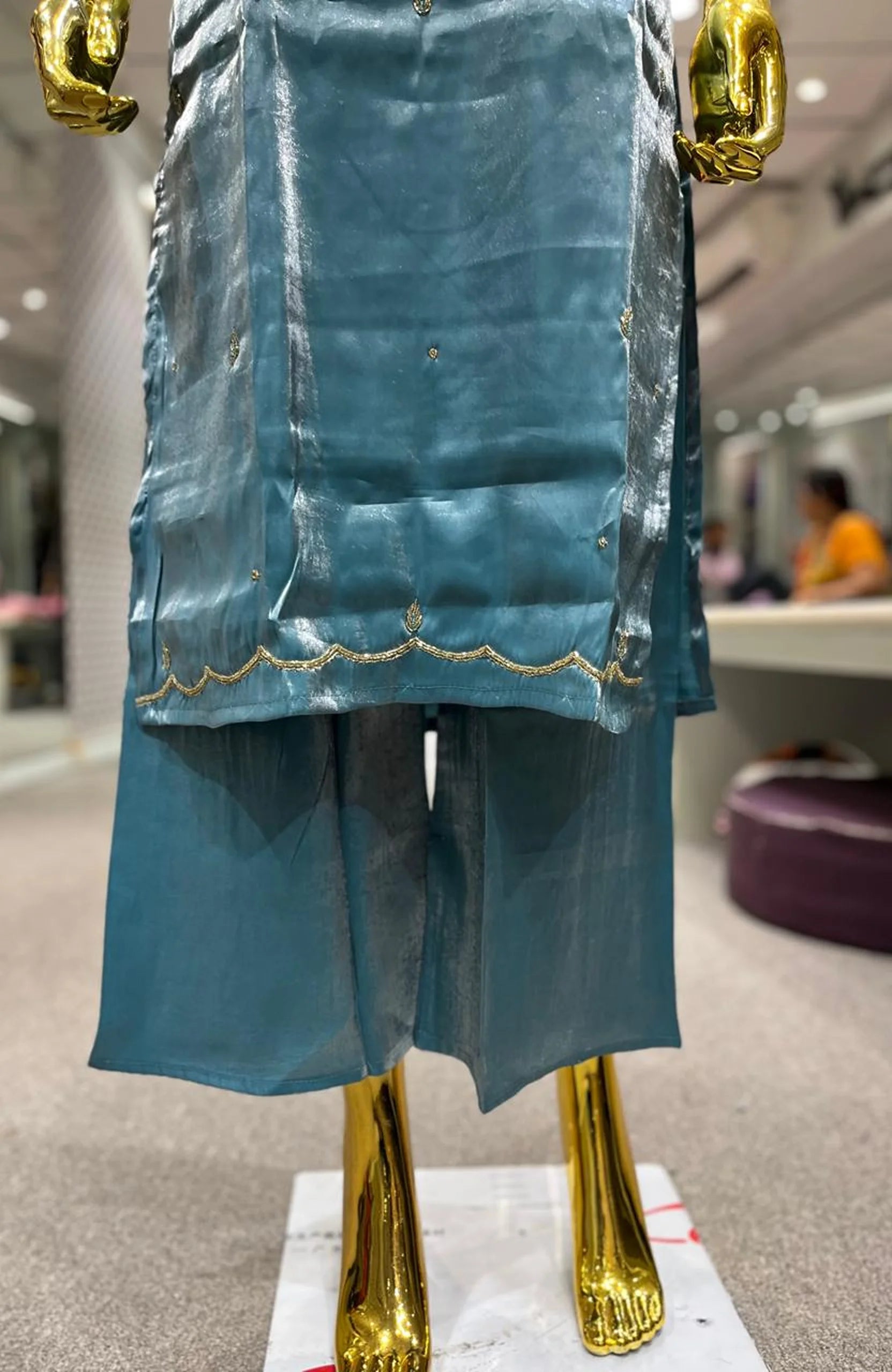 Sky Blue Organza Handwork 3 Piece Kurti Pant Dupatta Set for Women | Designer Ethnic Wear