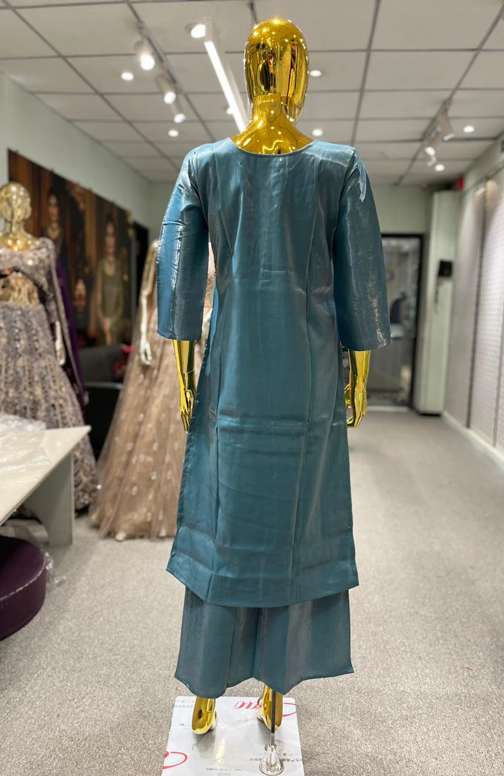 Sky Blue Organza Handwork 3 Piece Kurti Pant Dupatta Set for Women | Designer Ethnic Wear
