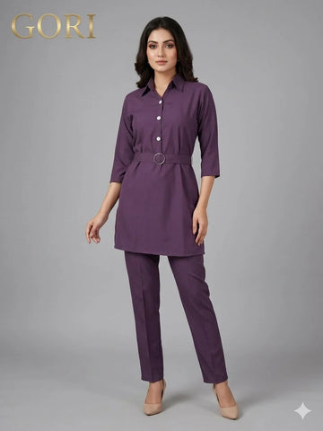 Purple Georgette Plain Belted 2 Piece Cord Set for Women | Designer Ethnic Co-ord Set