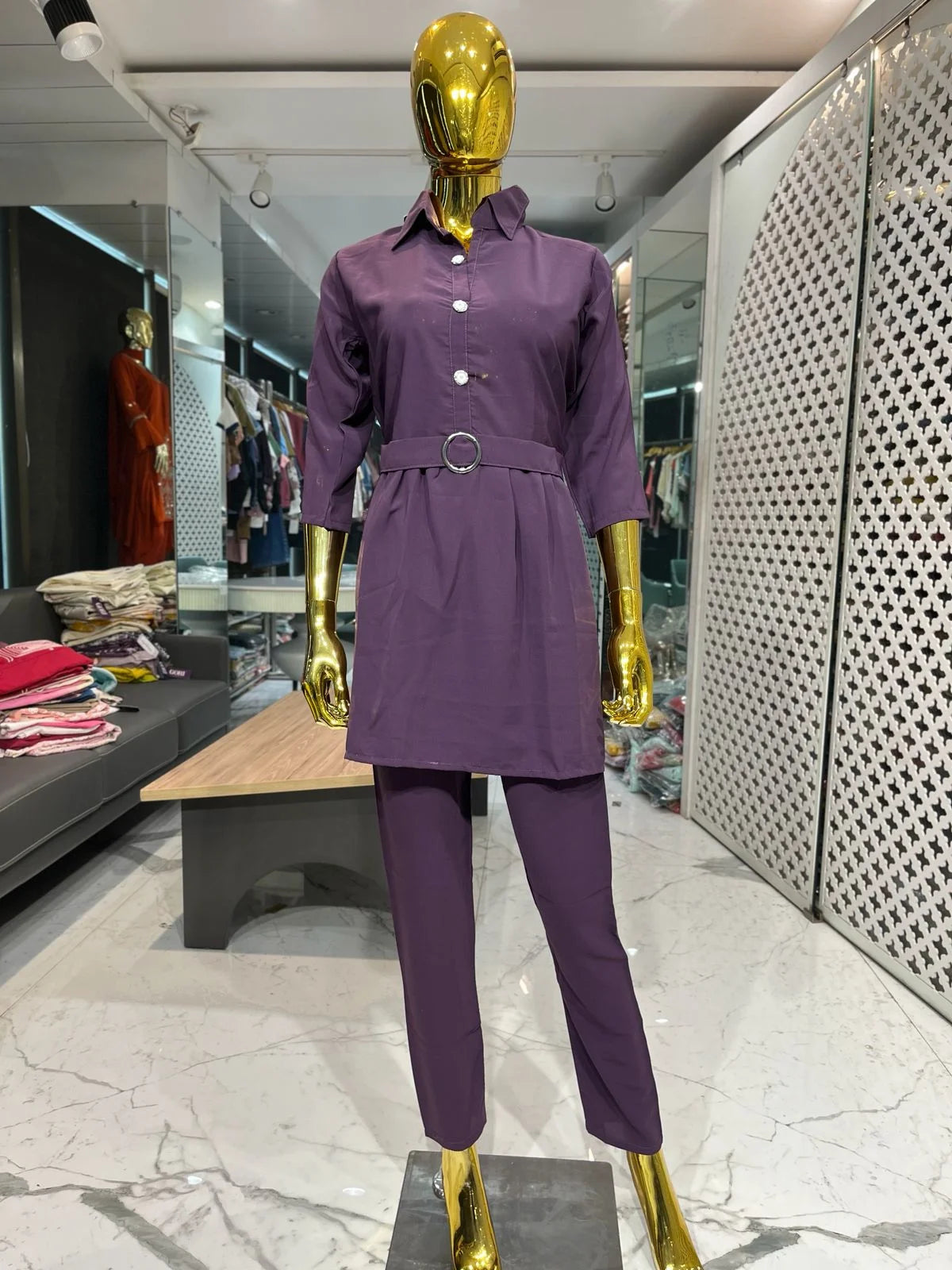 Purple Georgette Plain Belted 2 Piece Cord Set for Women | Designer Ethnic Co-ord Set