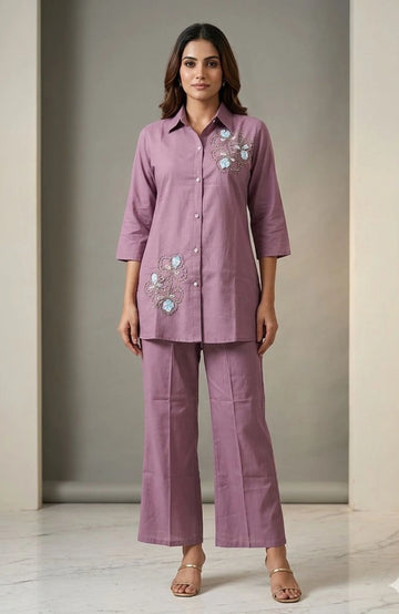 Purple Simmar Hand Work Co-Ord Set for Women | Designer 2 Piece Cord Set with Floral Embellishments