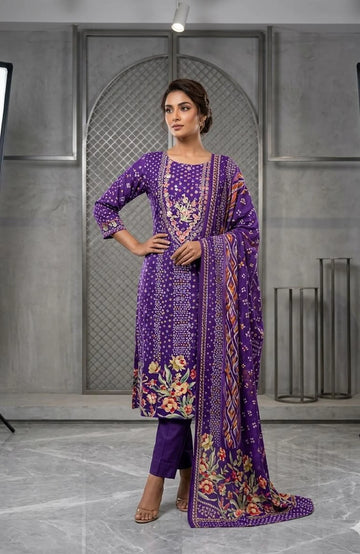 Purple Pure Silk Kasap & Golden Work 3 Piece Fancy Kurti Pant Dupatta Set for Women | Designer Ethnic Wear