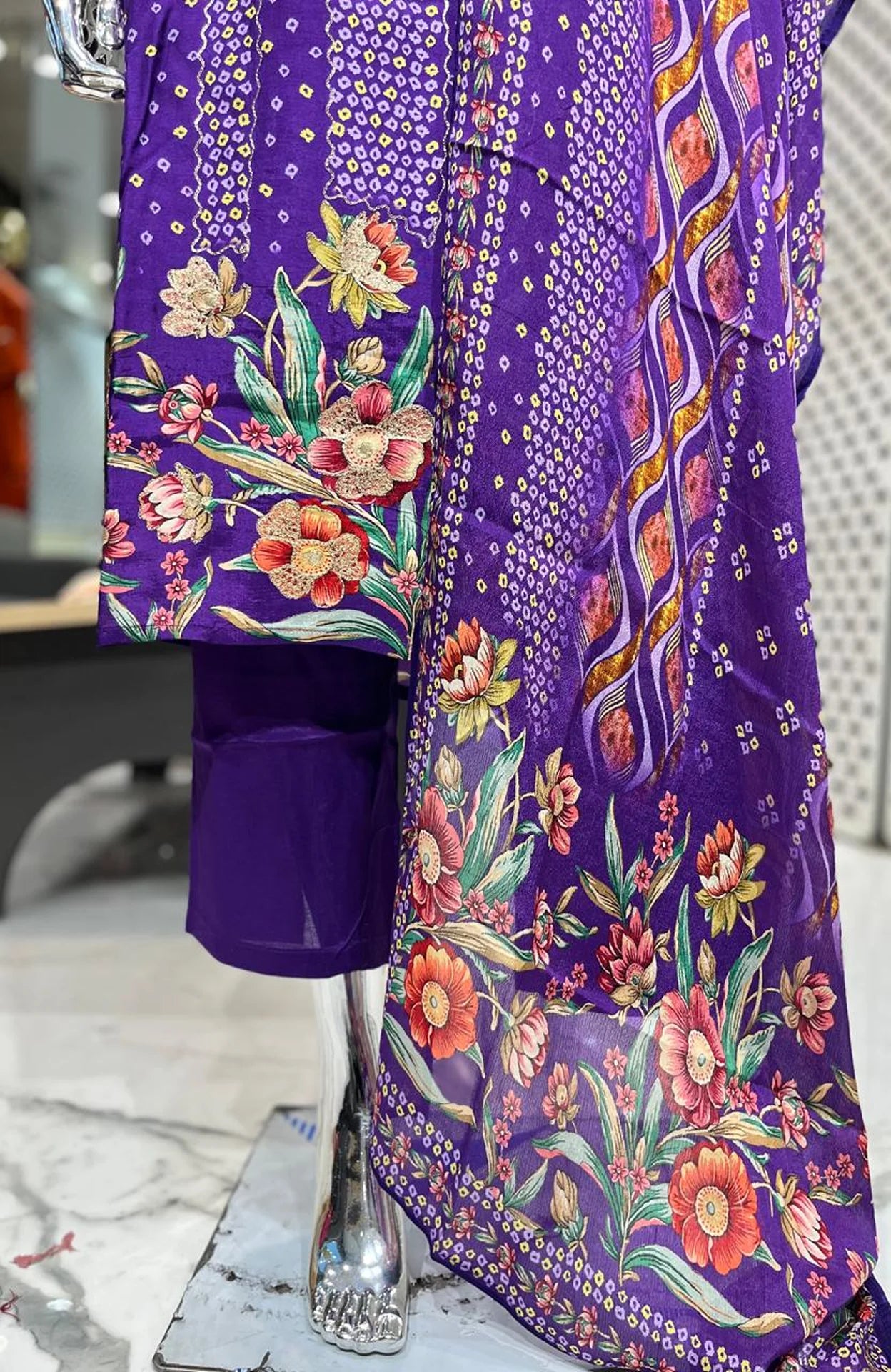 Purple Pure Silk Kasap & Golden Work 3 Piece Fancy Kurti Pant Dupatta Set for Women | Designer Ethnic Wear