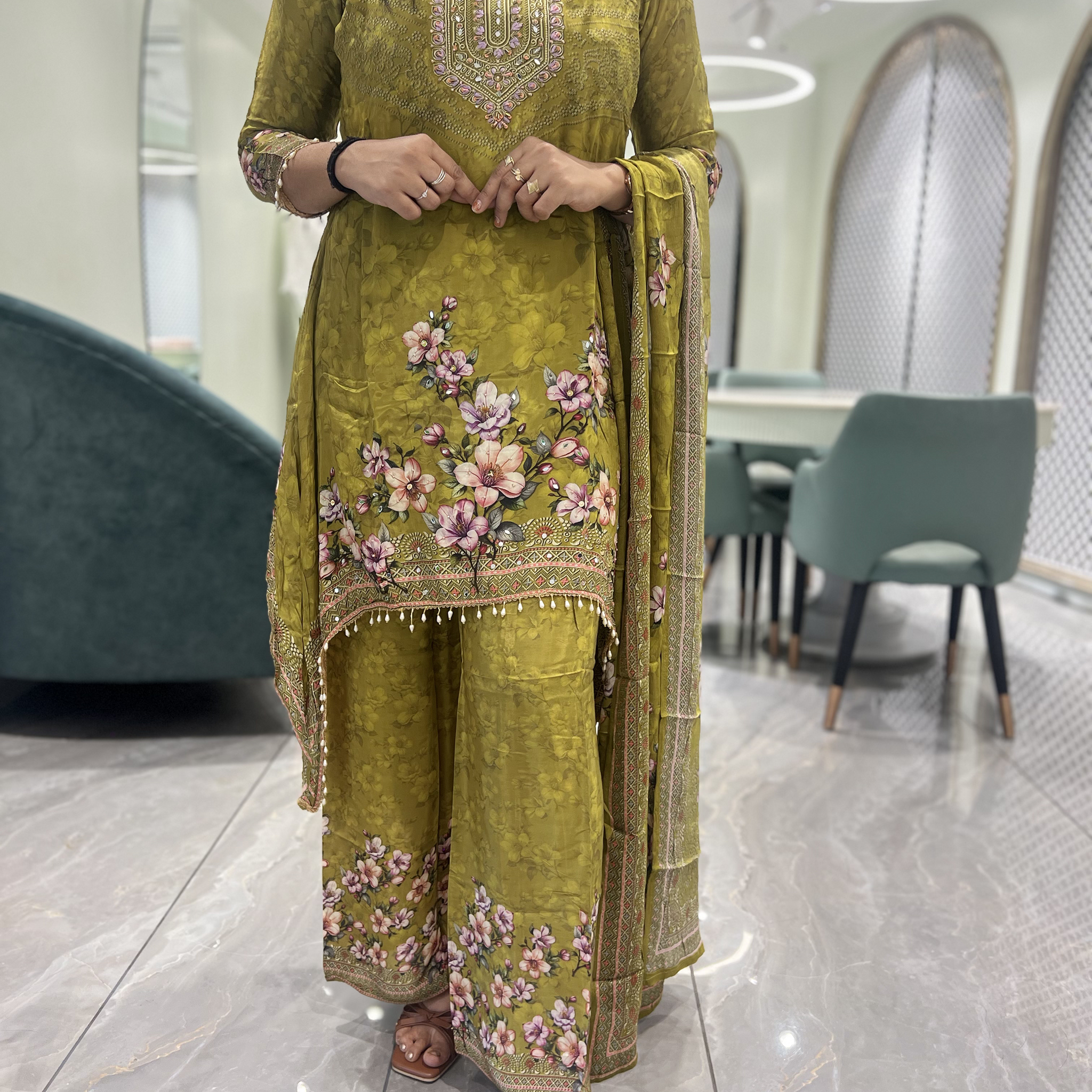 Mint Green Embroidery Chinon Three Piece - KPKGORI 10101 3