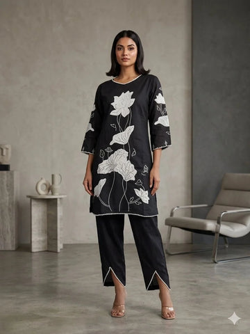 Black Cotton Silk Embroidery Work 2 Piece Cord Set for Women | Designer Ethnic Co-ord Set
