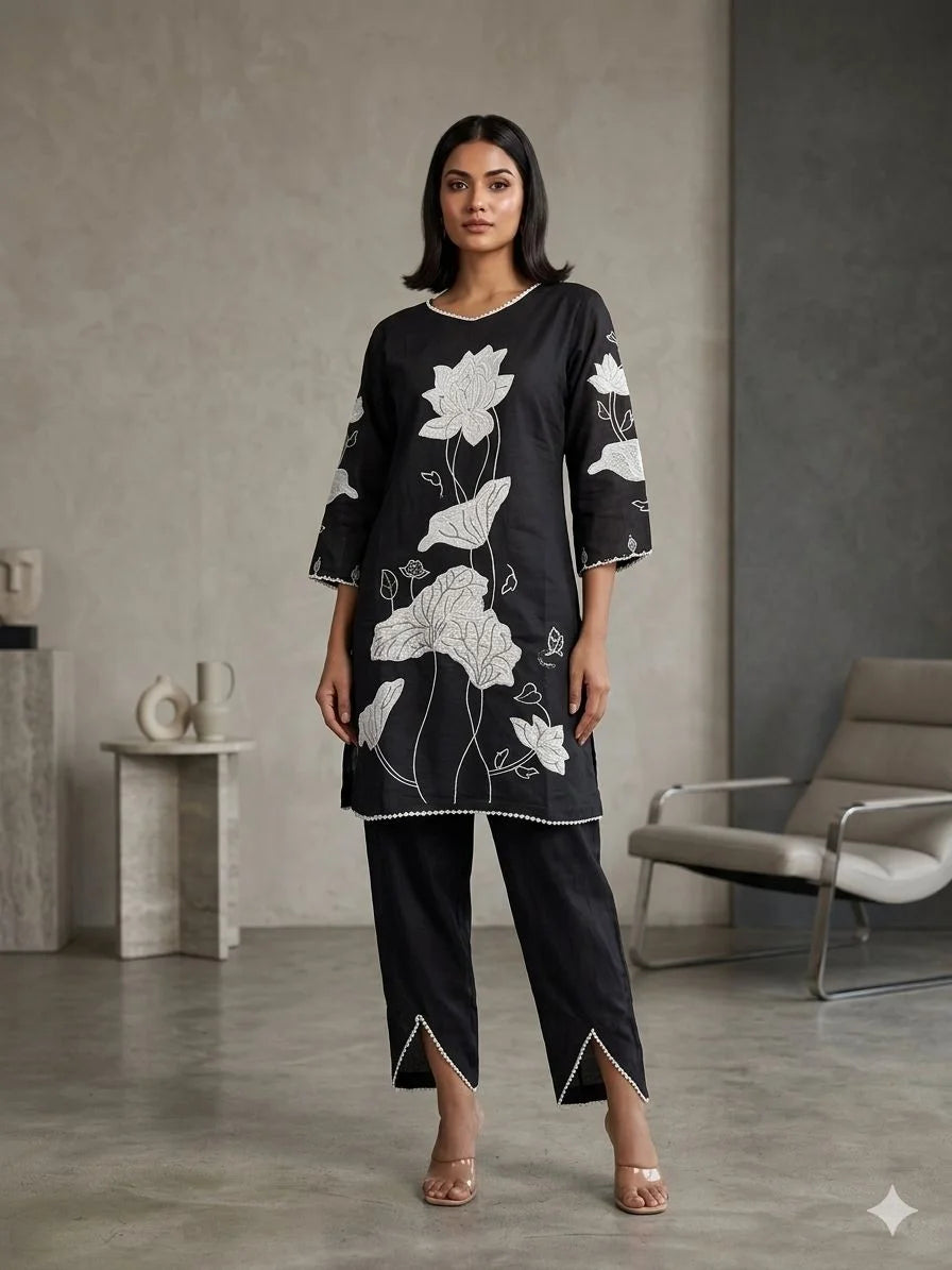 Black Cotton Silk Embroidery Work 2 Piece Cord Set for Women | Designer Ethnic Co-ord Set