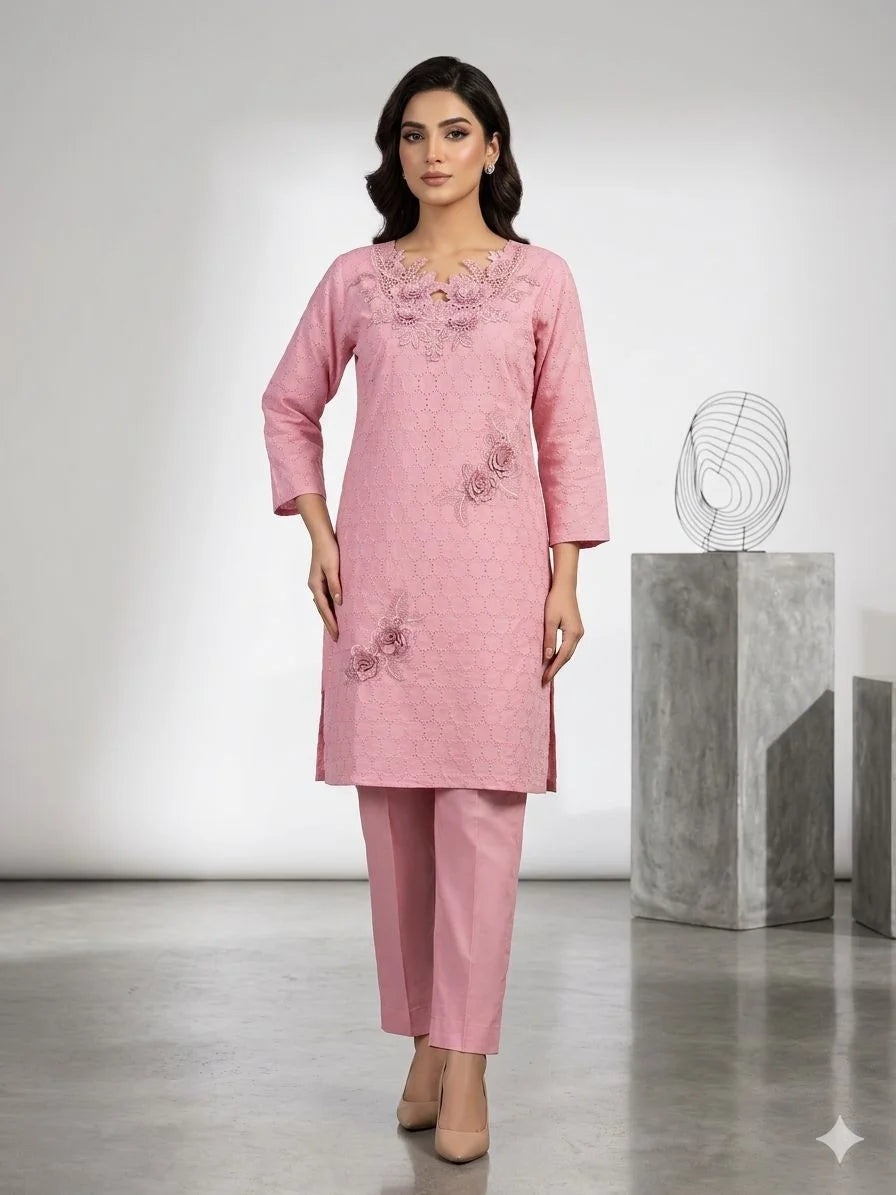 Pink Cotton Patch & Embroidery 2 Piece Cord Set for Women | Designer Ethnic Co-Ord Set