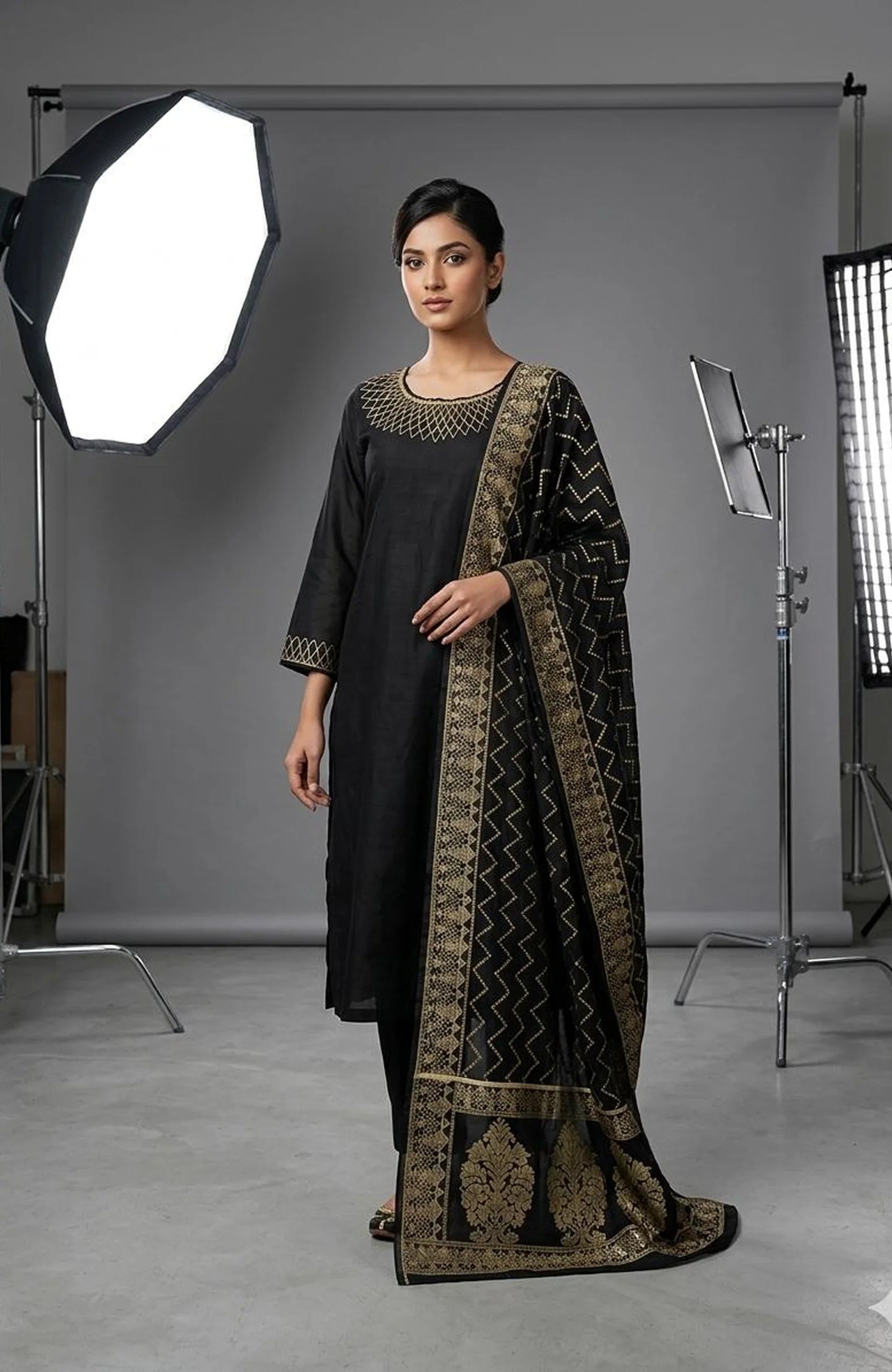 Black Silk Handwork 3 Piece Kurti Pant Dupatta Set for Women | Designer Ethnic Wear
