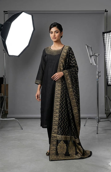 Black Silk Handwork 3 Piece Kurti Pant Dupatta Set for Women | Designer Ethnic Wear