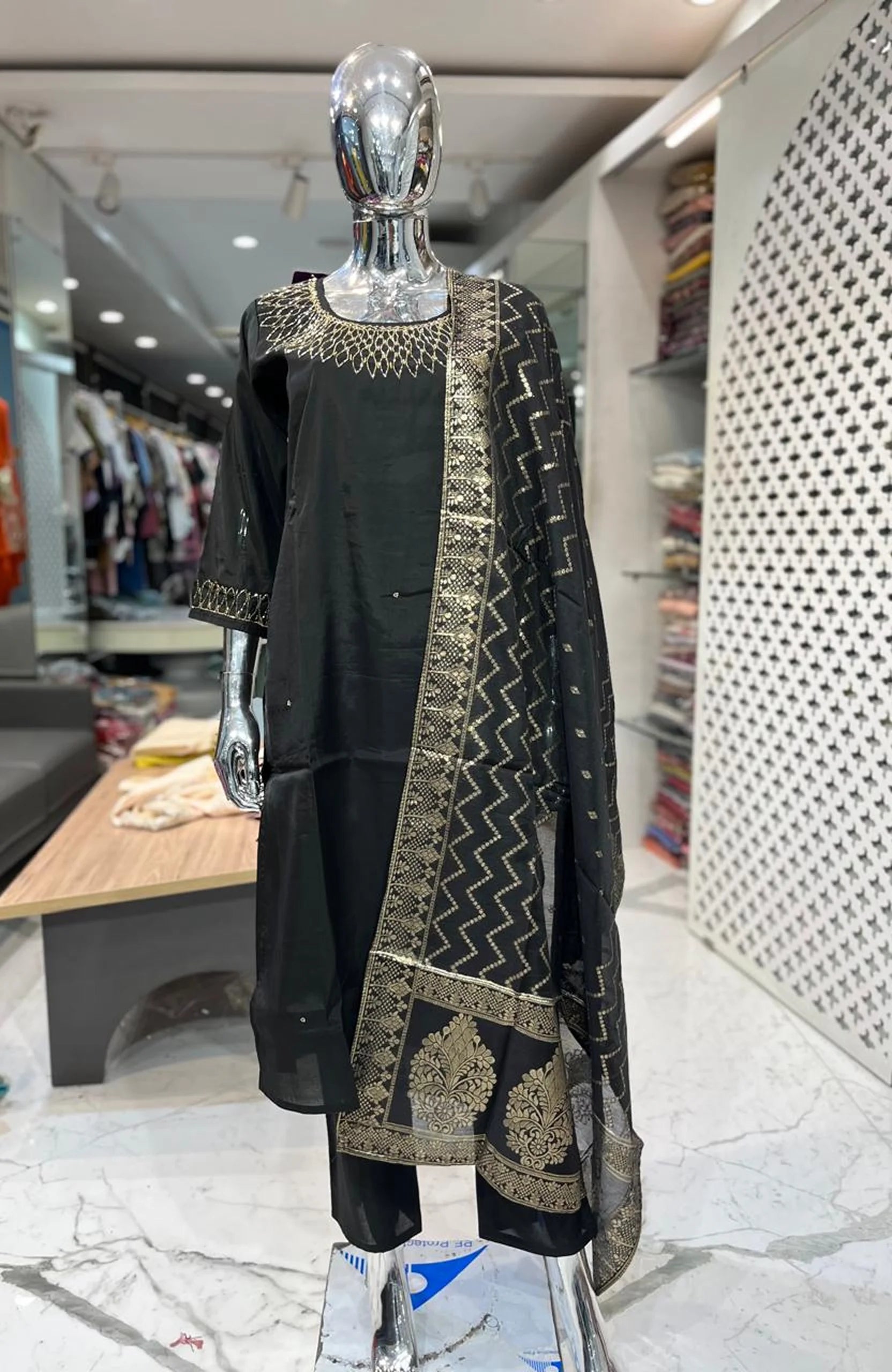 Black Silk Handwork 3 Piece Kurti Pant Dupatta Set for Women | Designer Ethnic Wear