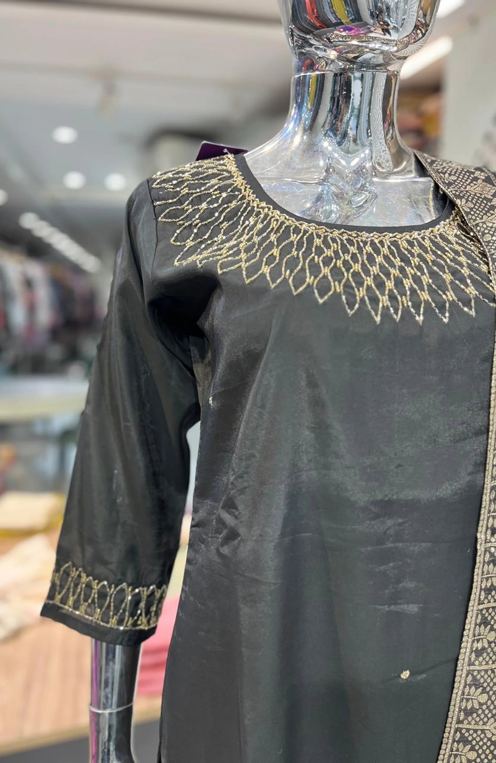 Black Silk Handwork 3 Piece Kurti Pant Dupatta Set for Women | Designer Ethnic Wear