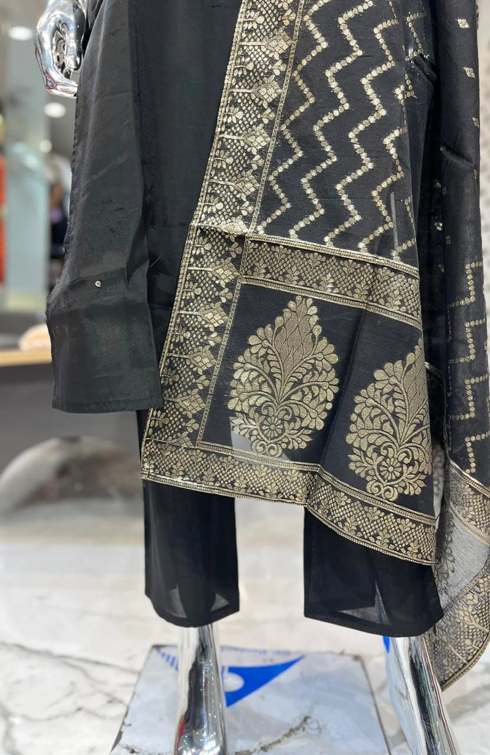 Black Silk Handwork 3 Piece Kurti Pant Dupatta Set for Women | Designer Ethnic Wear