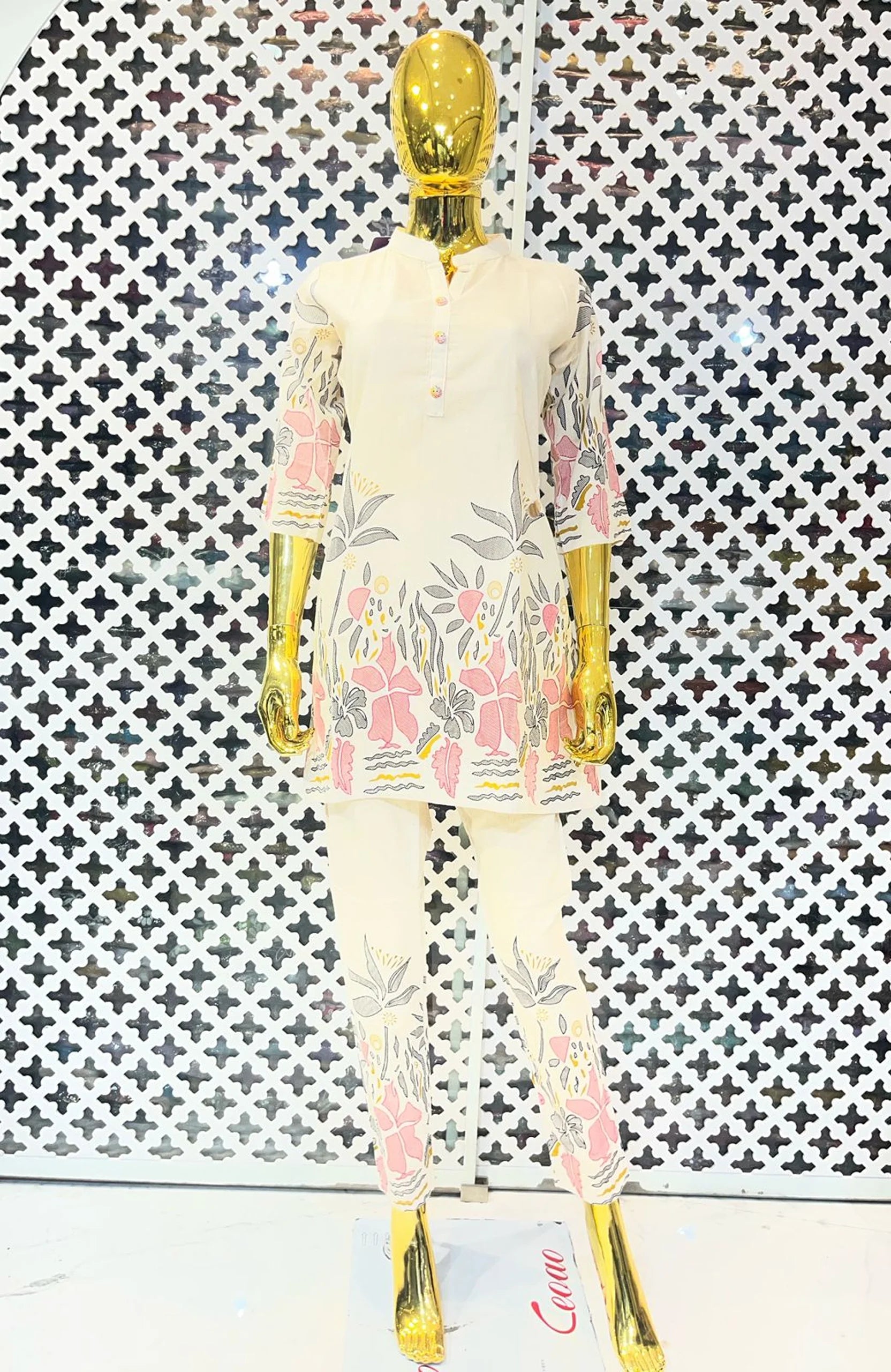 Cream Jute Cotton Block Print Co-Ord Set for Women | Elegant Floral Two Piece Cord Set