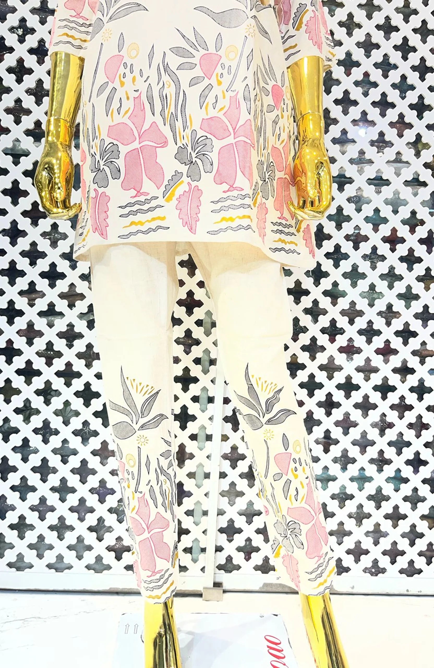 Cream Jute Cotton Block Print Co-Ord Set for Women | Elegant Floral Two Piece Cord Set