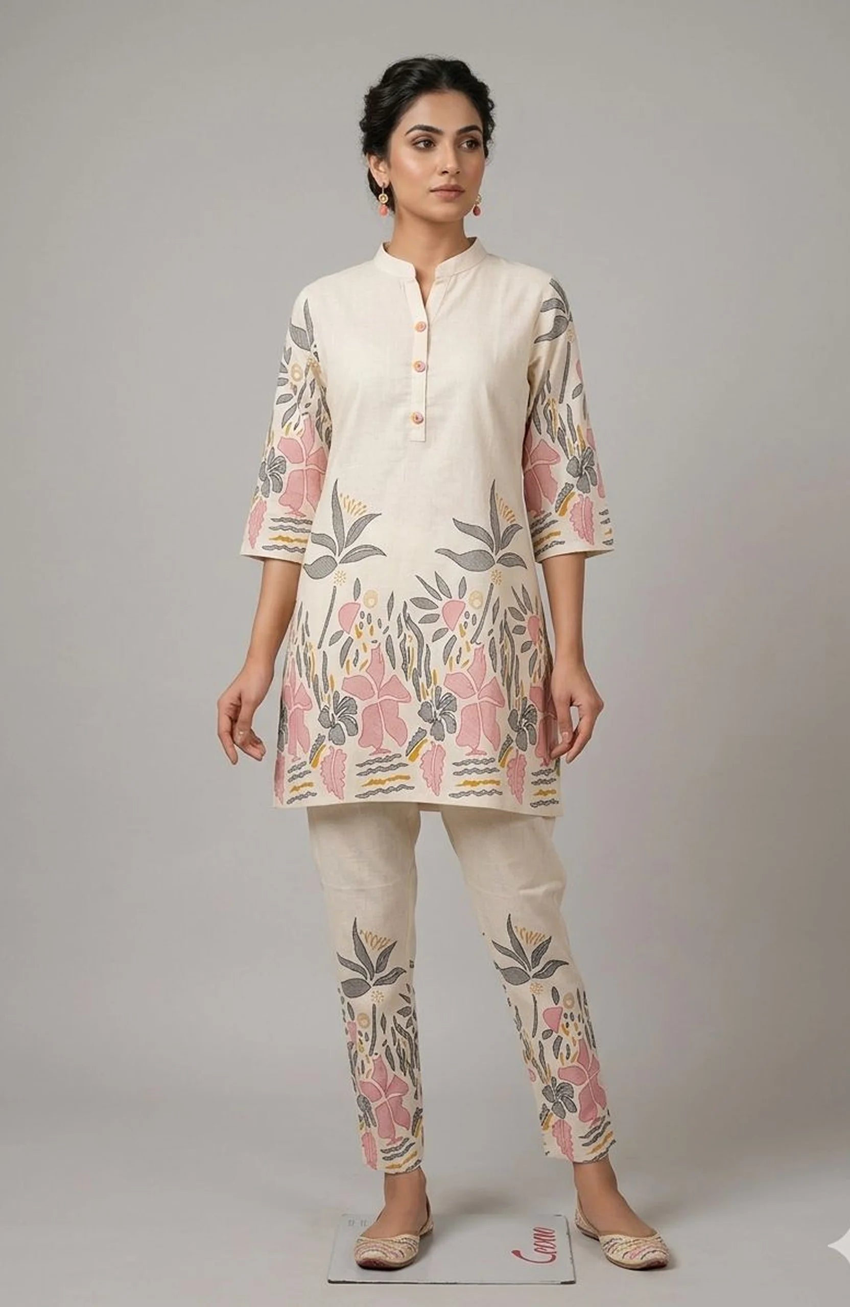 Cream Jute Cotton Block Print Co-Ord Set for Women | Elegant Floral Two Piece Cord Set