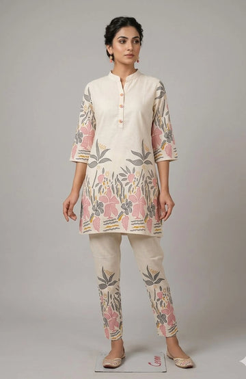 Cream Jute Cotton Block Print Co-Ord Set for Women | Elegant Floral Two Piece Cord Set