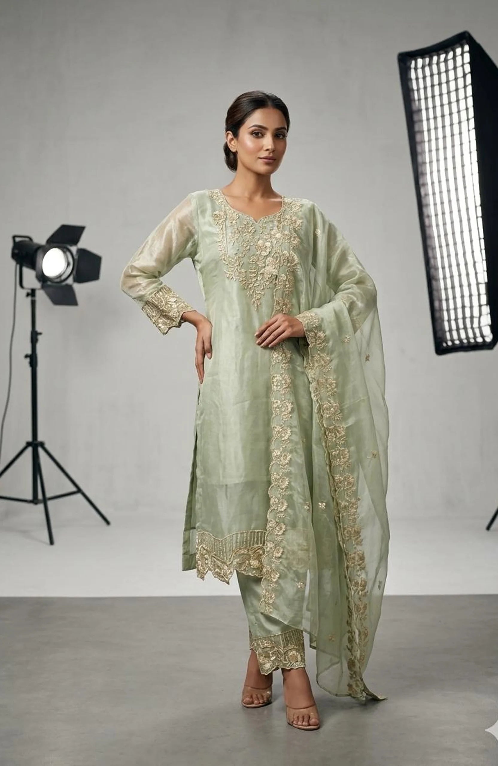 Pista Green Organza Embroidery & Handwork 3 Piece Kurti Pant Dupatta Set for Women | Designer Ethnic Wear