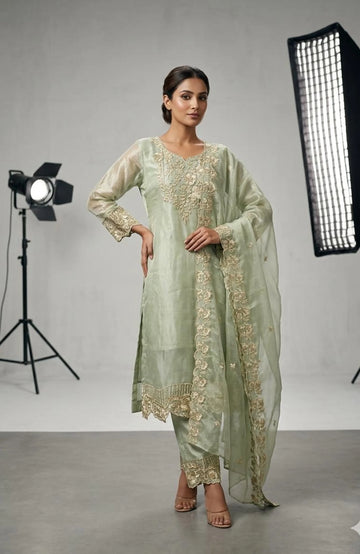 Pista Green Organza Embroidery & Handwork 3 Piece Kurti Pant Dupatta Set for Women | Designer Ethnic Wear